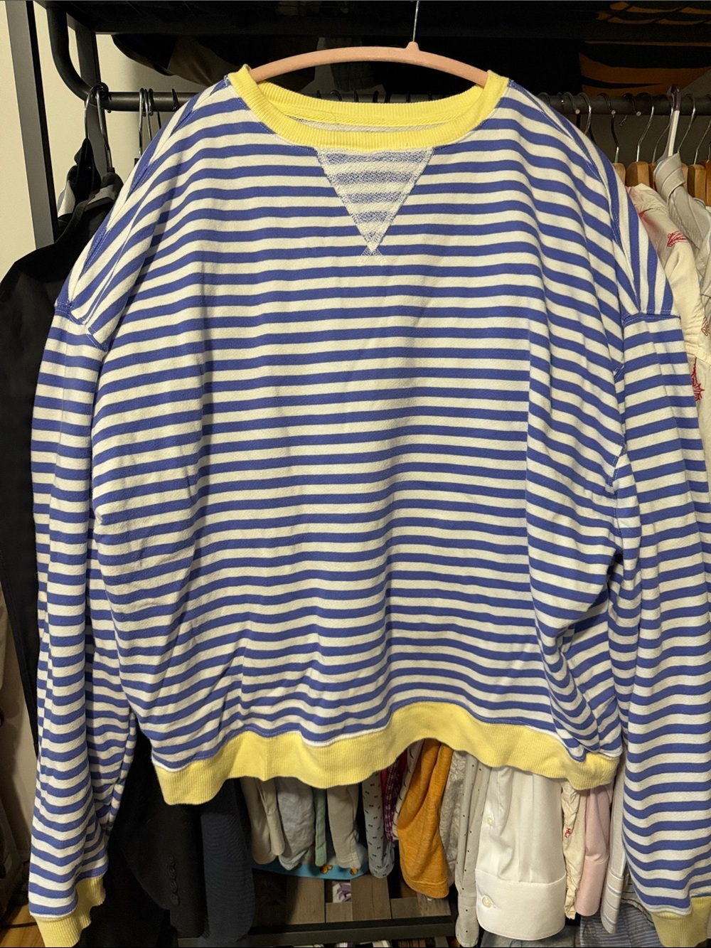 We The Free Blue and White Striped Crewneck with Yellow Trim